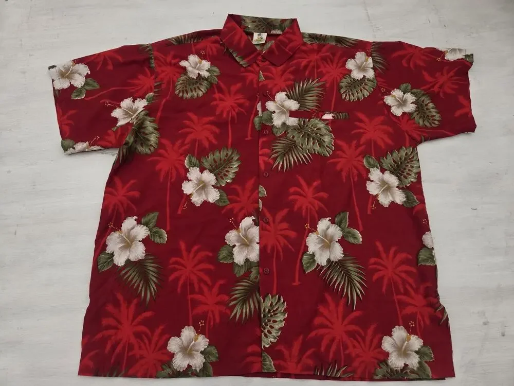 Rima Mens XL Button Up Hawaiian Shirt Red Floral Palms Short Sleeve Aloha